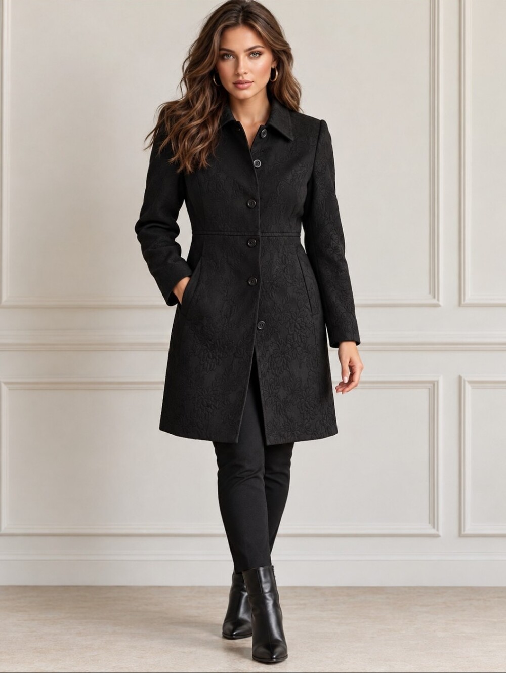 JACOB Black Brocade Fitted Floral Jacquard Coat Size 9/10